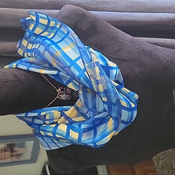 Bright Blue and Yellow Patterned Silk Scarf - Picture 5 of 5